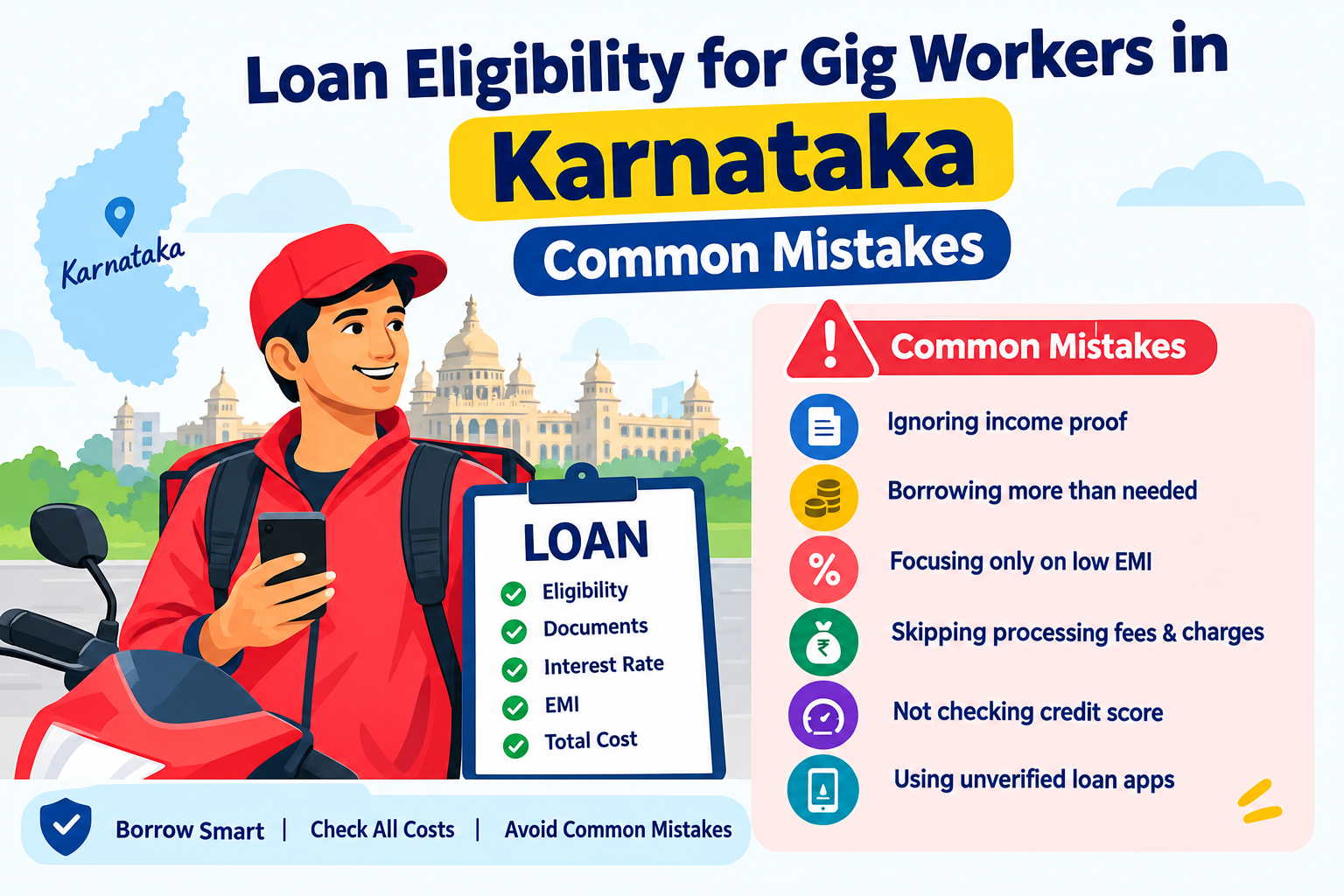 Loan eligibility for gig workers in Karnataka showing common loan mistakes, income proof, EMI, processing fees, credit score, and safe loan apps.